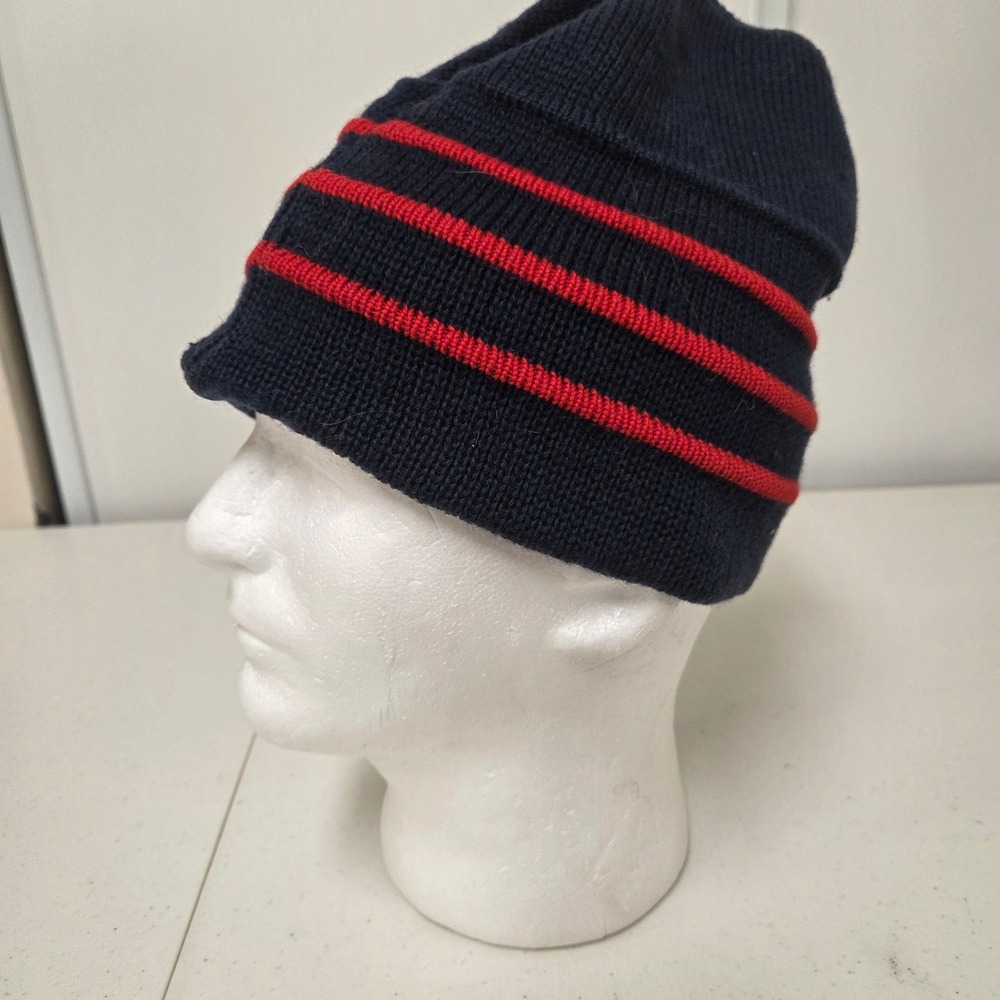 Smiley 100% Pure Wool Beanie Hat Navy Blue Red Striped Made in USA Vintage Style